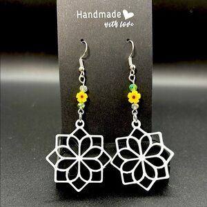 Silver Geometric Earrings with Yellow Flower Accents